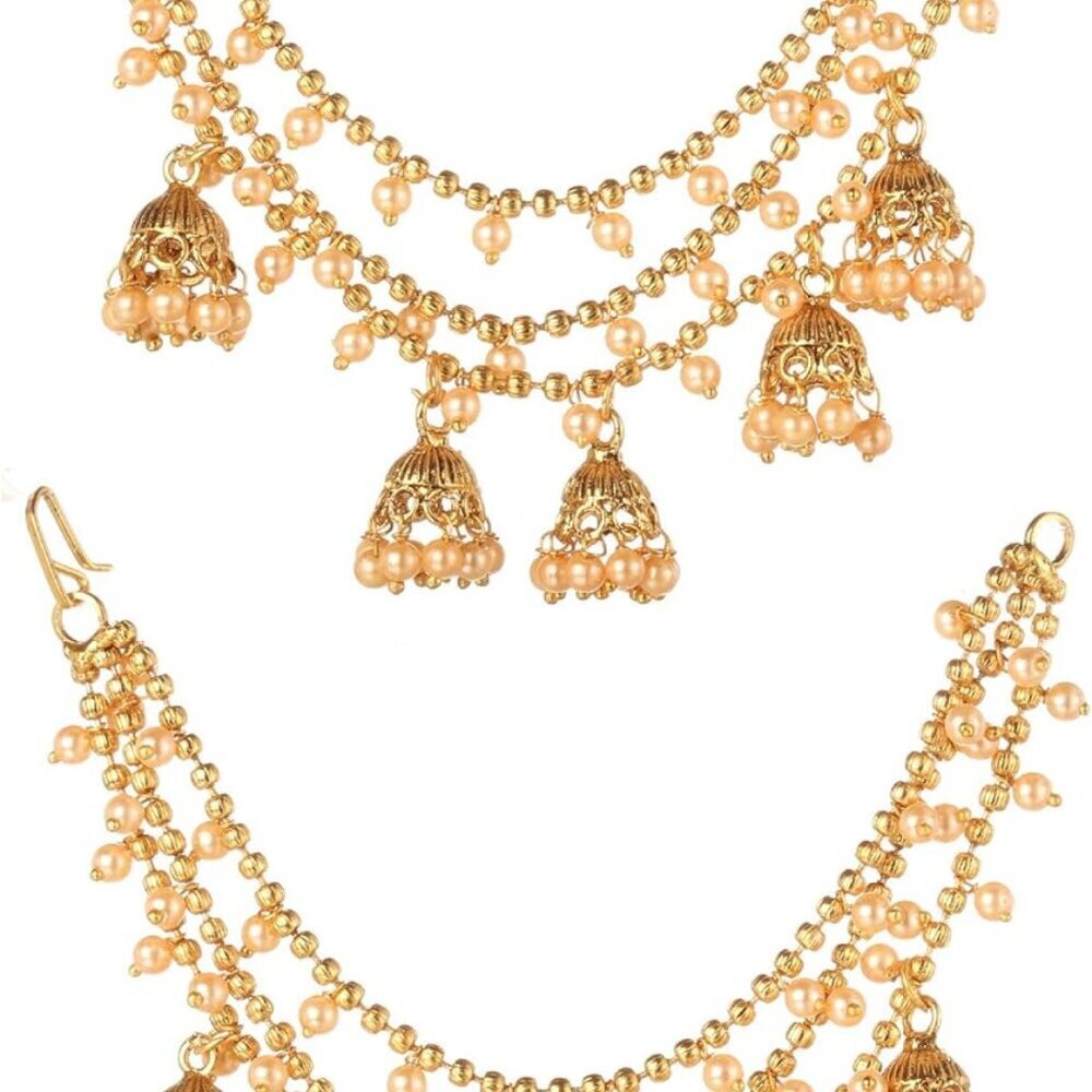 Gold Plated Bahubali Earrings Hair Chain Jhumki Traditional Indian Jewelry